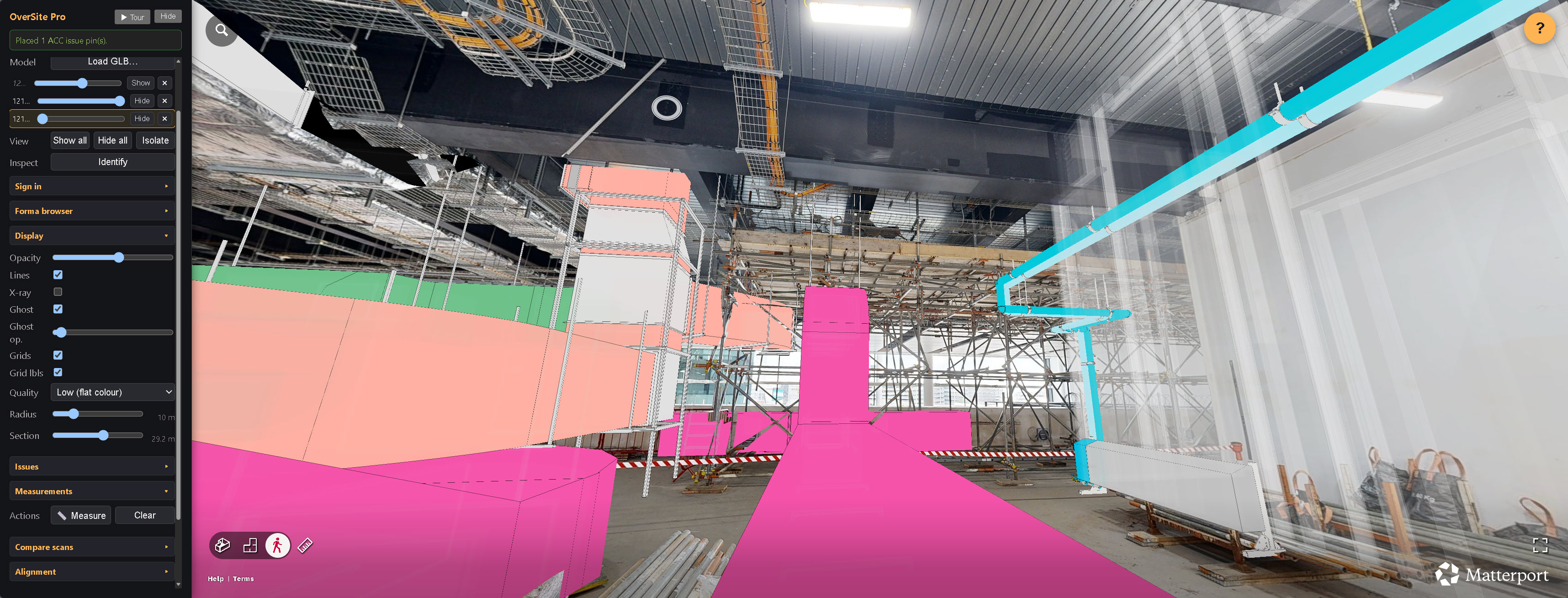 The same view with the BIM design models overlaid inside the scan