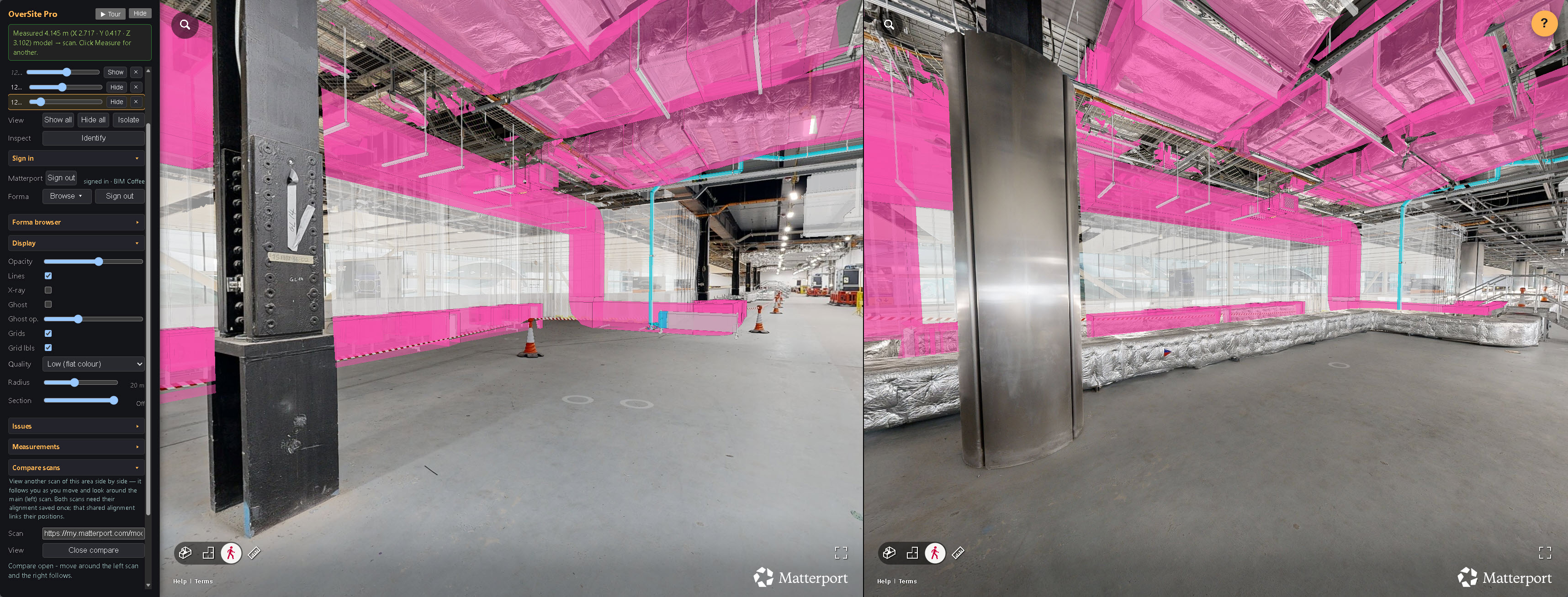 Two scans of the same space side by side, synchronised, with the design model overlaid