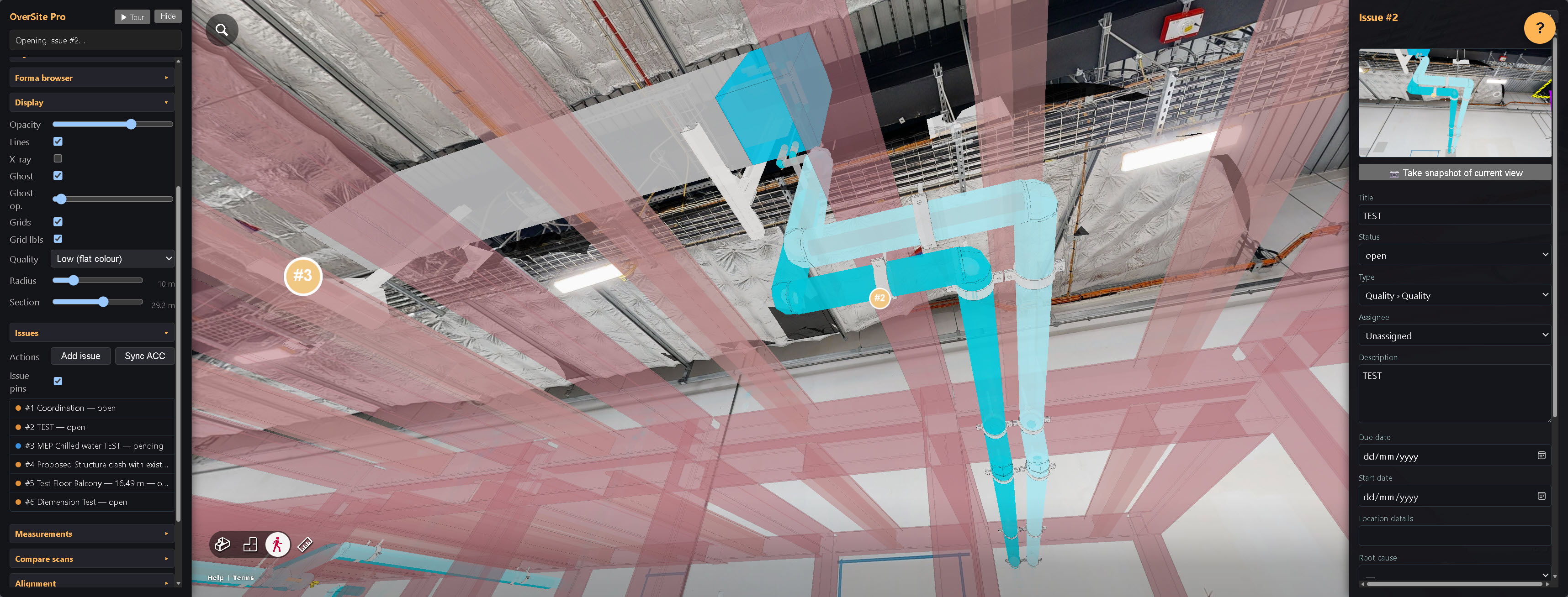 An ACC issue open in the walkthrough with pinned issue markers in the 3D scan